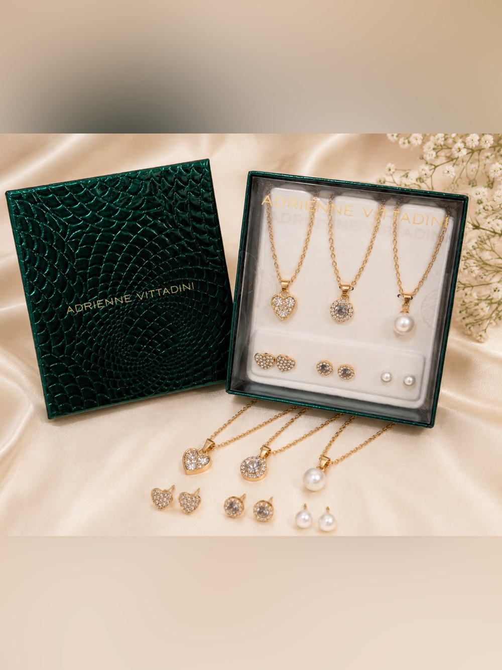 Adrienne Vittadini 6 Pc Jewelry Gift Set NIB Crystal Pearl Gold Tone